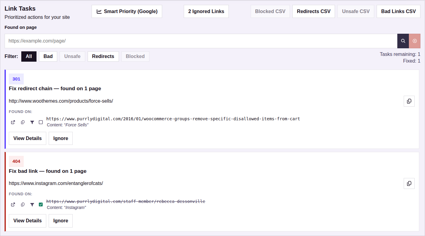 Link Tasks panel header showing the Smart Priority (Google) button, Ignored Links button, Export Reports disclosure, Found on page search, task filters, and the first few finding cards.