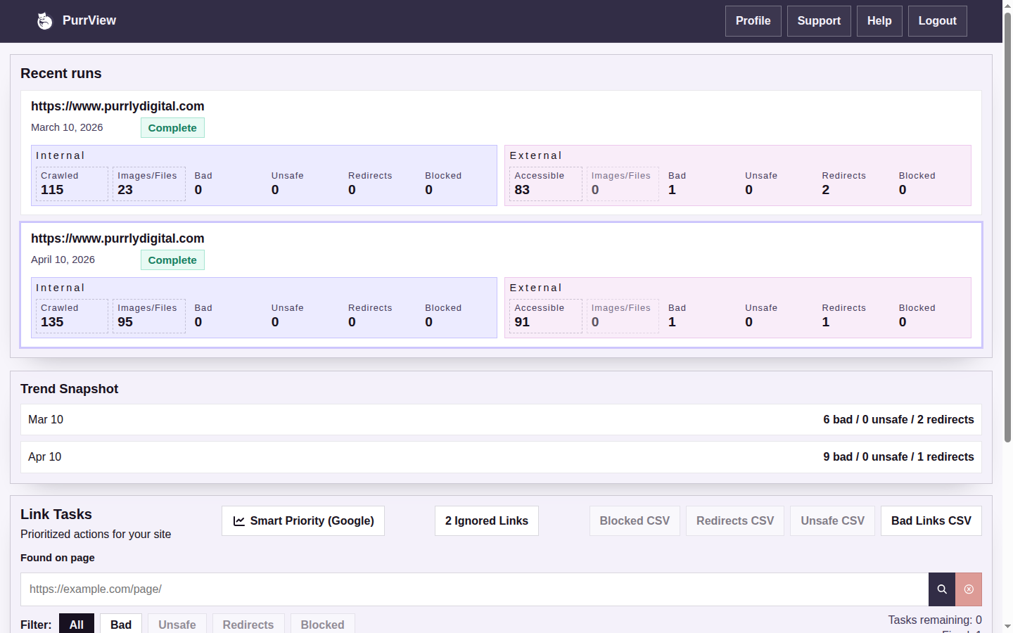 PurrView dashboard screenshot showing link monitoring results