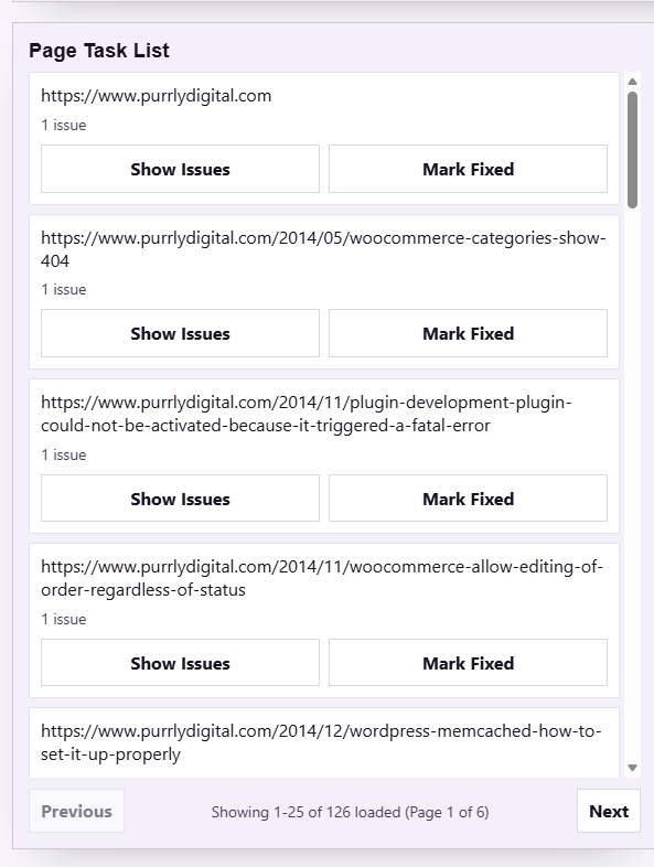 Found on Task List in the PurrView dashboard showing page URLs with issue counts and actions.