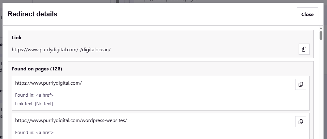 Issue Details modal in PurrView showing the selected URL and Found on pages list.