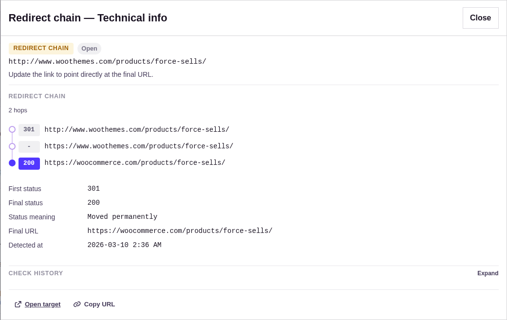 View Details modal for a redirect chain showing the visual hop timeline from source through intermediate hops to the final destination, each with status codes.