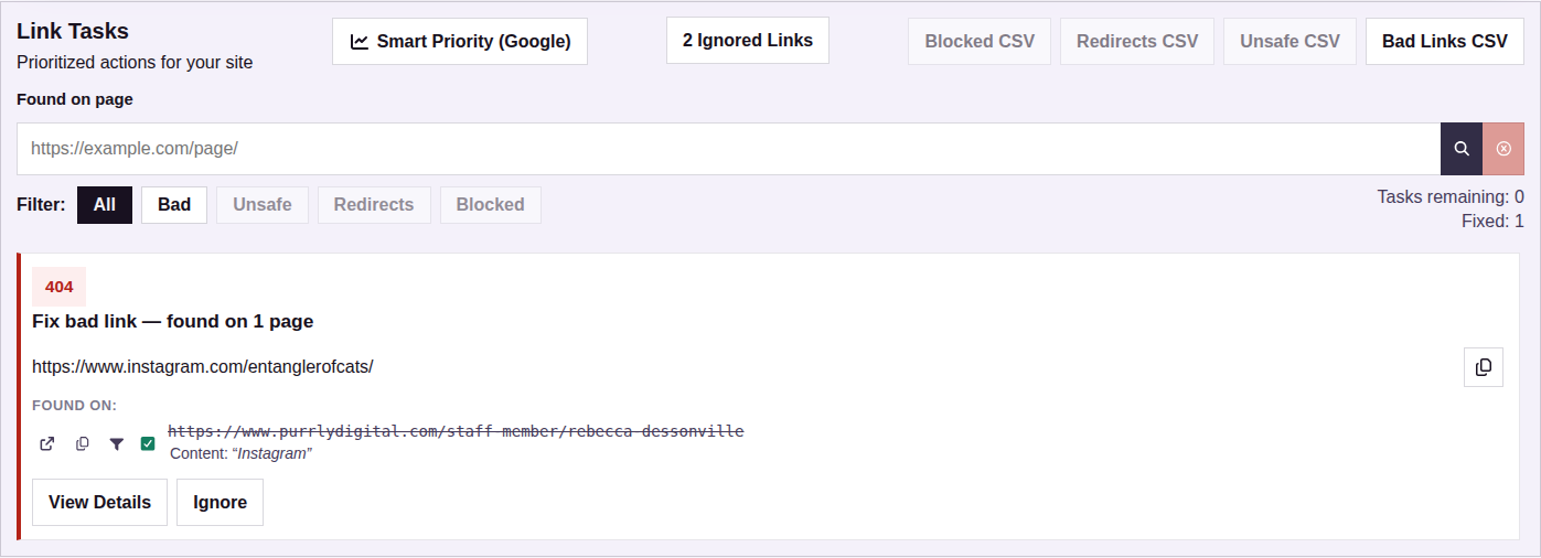 PurrView Link Tasks showing prioritized fix list with filter tabs