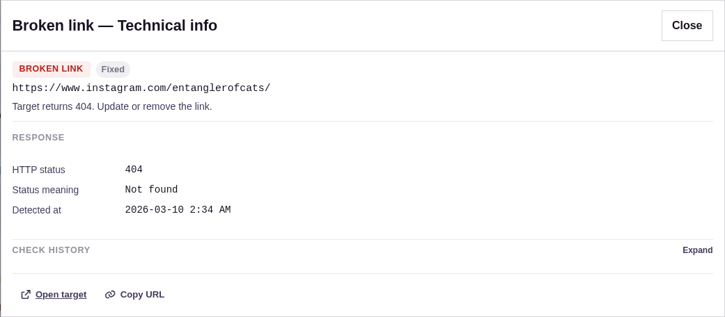View Details modal for a broken link showing the type badge, status label, target URL, Response section with HTTP status and status meaning, and the collapsible Response headers grid.