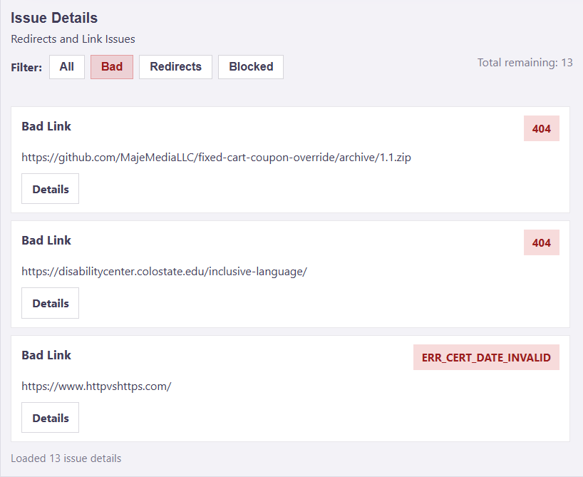 PurrView issue details table showing broken links and statuses