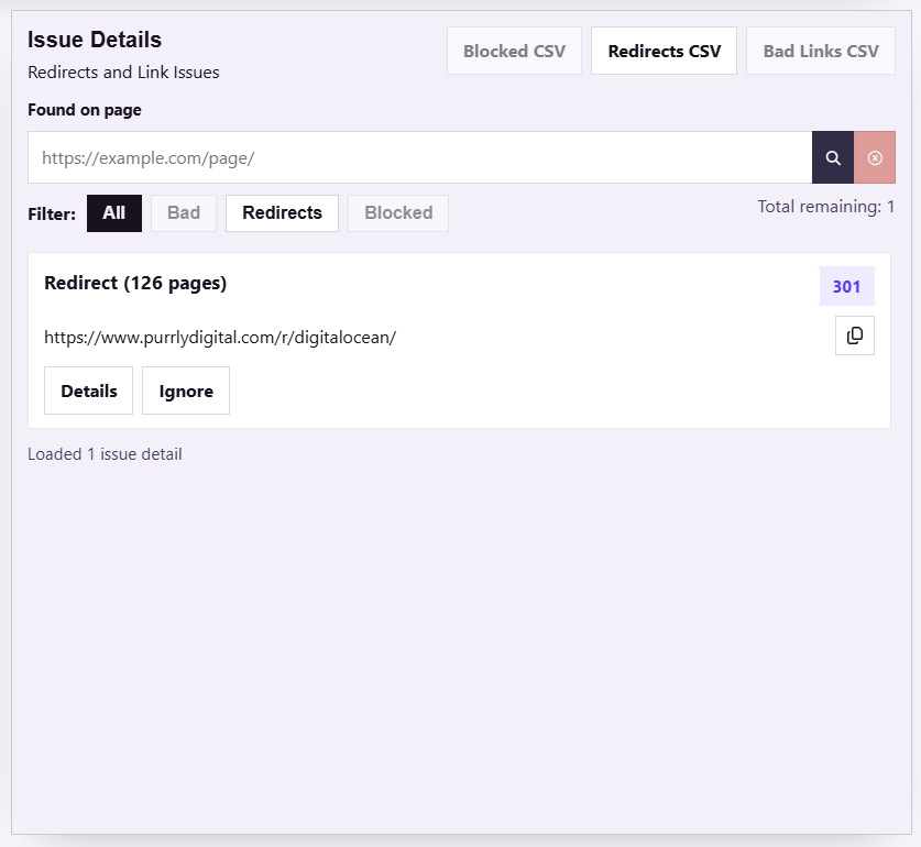 Issue Details in the PurrView dashboard showing filters, finding rows, and finding actions.