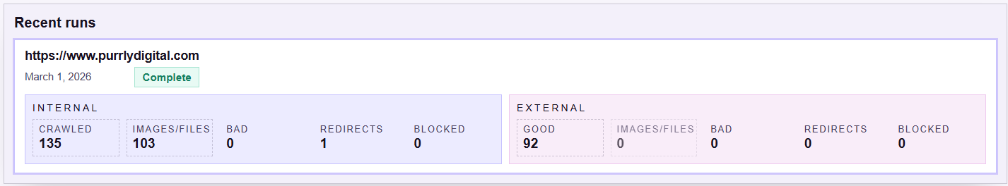 Recent runs in the PurrView dashboard showing Internal and External sections with Bad, Unsafe, Redirects, and Blocked counts.